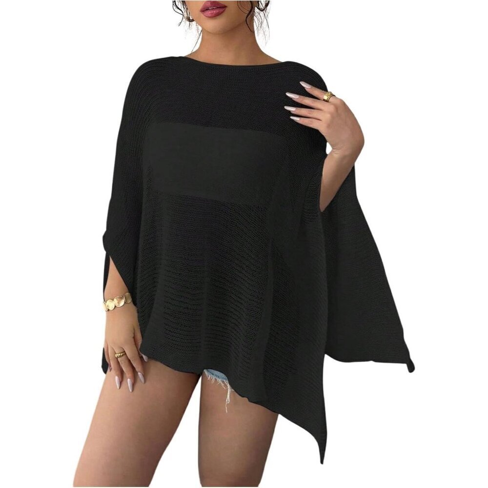 Women's Sheer Knit Poncho Shawl 3/4 Sleeve Asymmetrical Cover Up